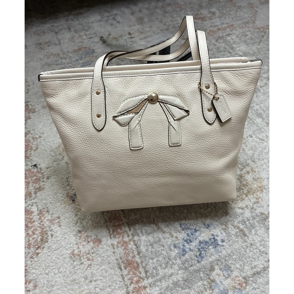 COACH Cream Leather Bow Tote Handbag Coquette Classic Shoulder Bag EUC